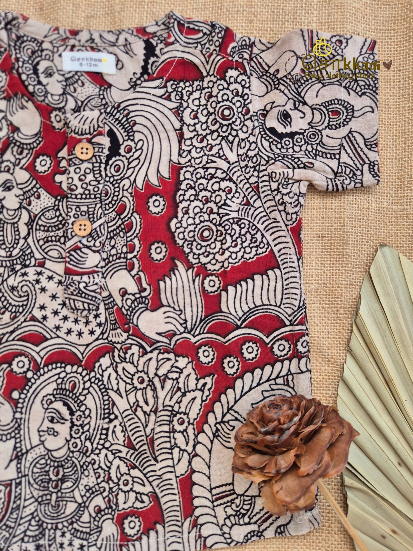 Red Heritage Kalamkari Short Sleeve Kurta/ Jippa (0-6years) - Sokkaai