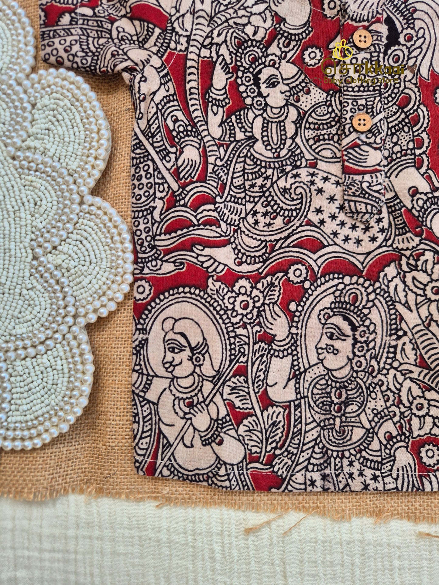 Red Heritage Kalamkari Short Sleeve Kurta/ Jippa (0-6years) - Sokkaai