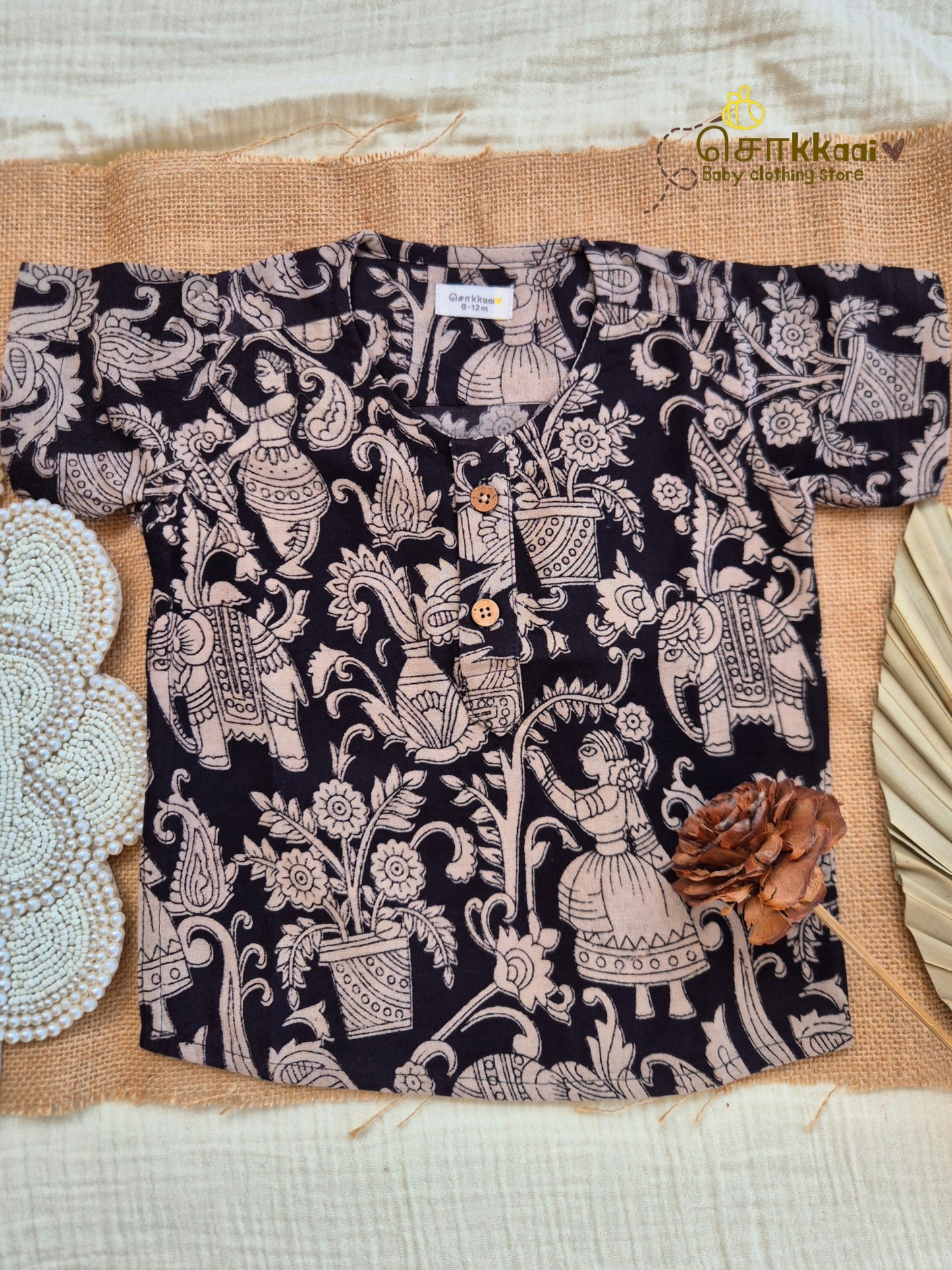 Black Bloom Kalamkari Short Sleeve Kurta/ Jippa (0-6years) - Sokkaai