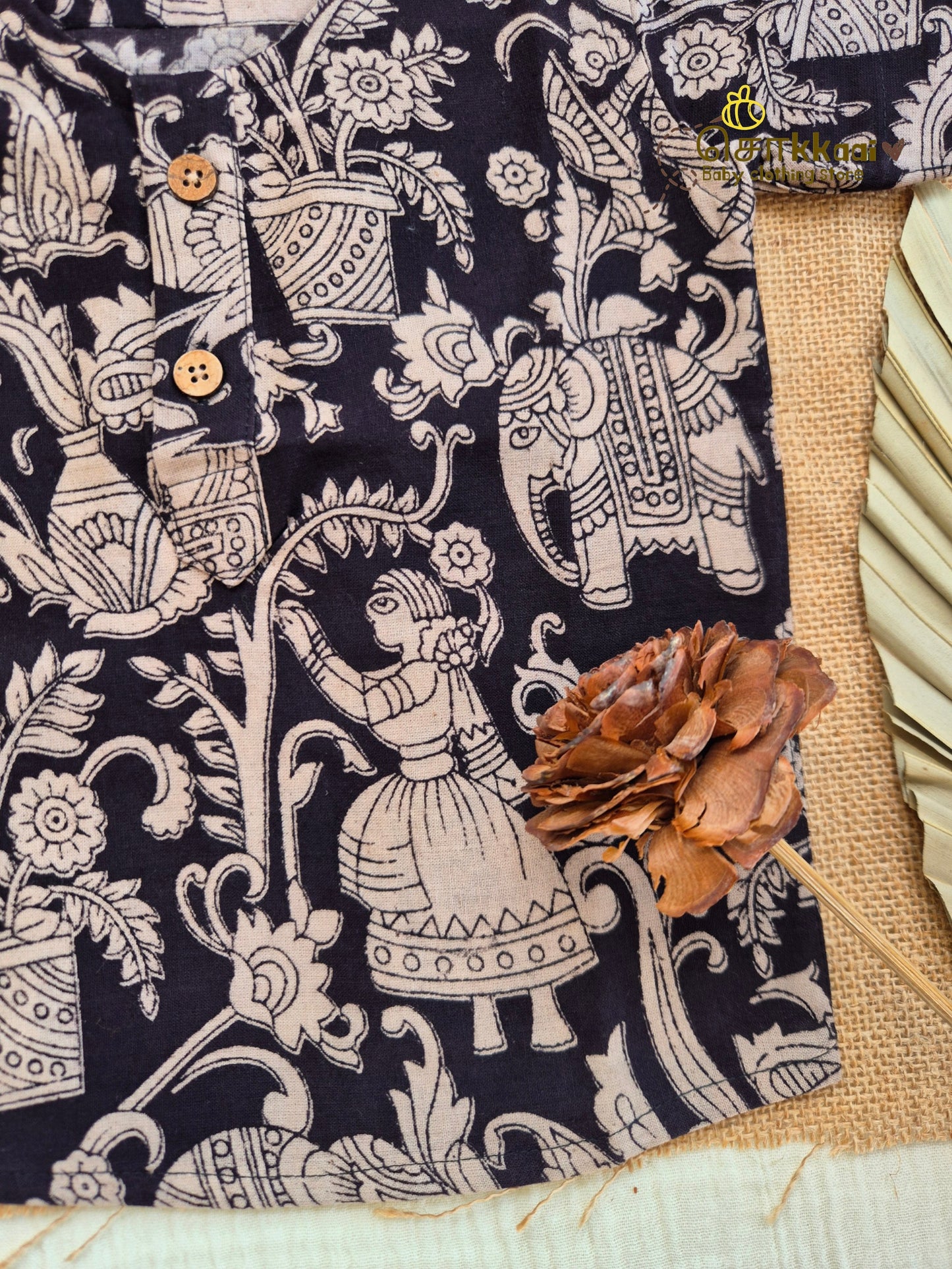 Black Bloom Kalamkari Short Sleeve Kurta/ Jippa (0-6years) - Sokkaai