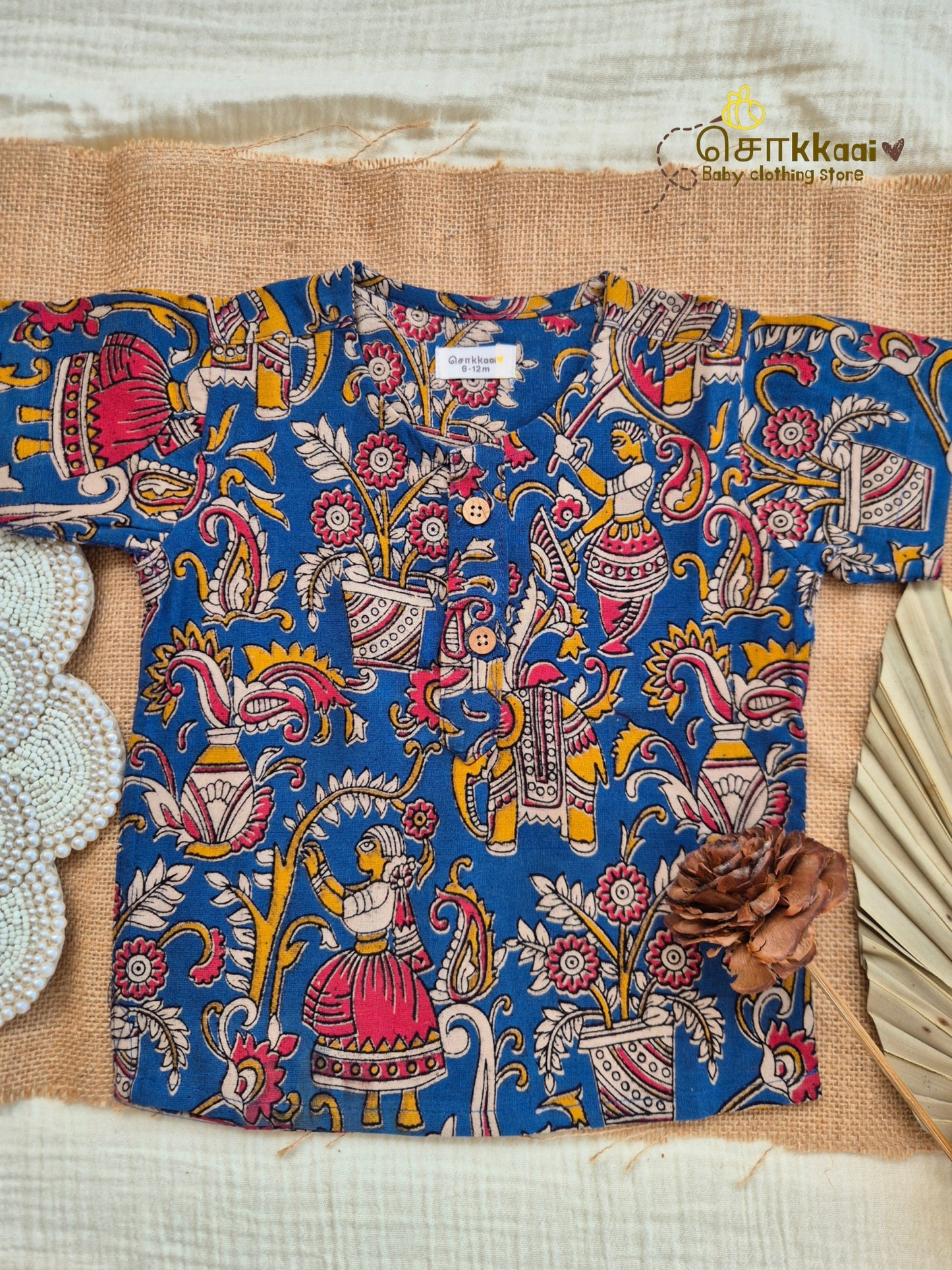 Folk Blue Kalamkari Short Sleeve Kurta/ Jippa (0-6years) - Sokkaai
