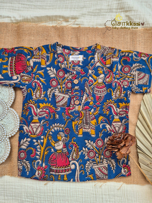 Folk Blue Kalamkari Short Sleeve Kurta/ Jippa (0-6years) - Sokkaai
