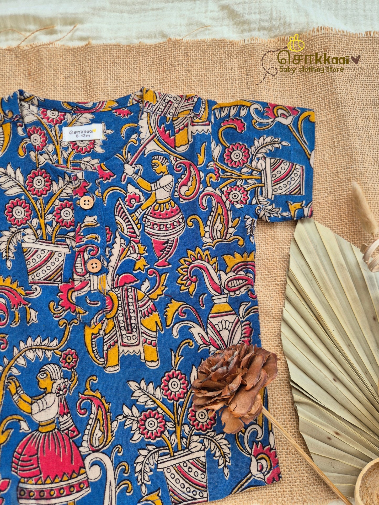 Folk Blue Kalamkari Short Sleeve Kurta/ Jippa (0-6years) - Sokkaai