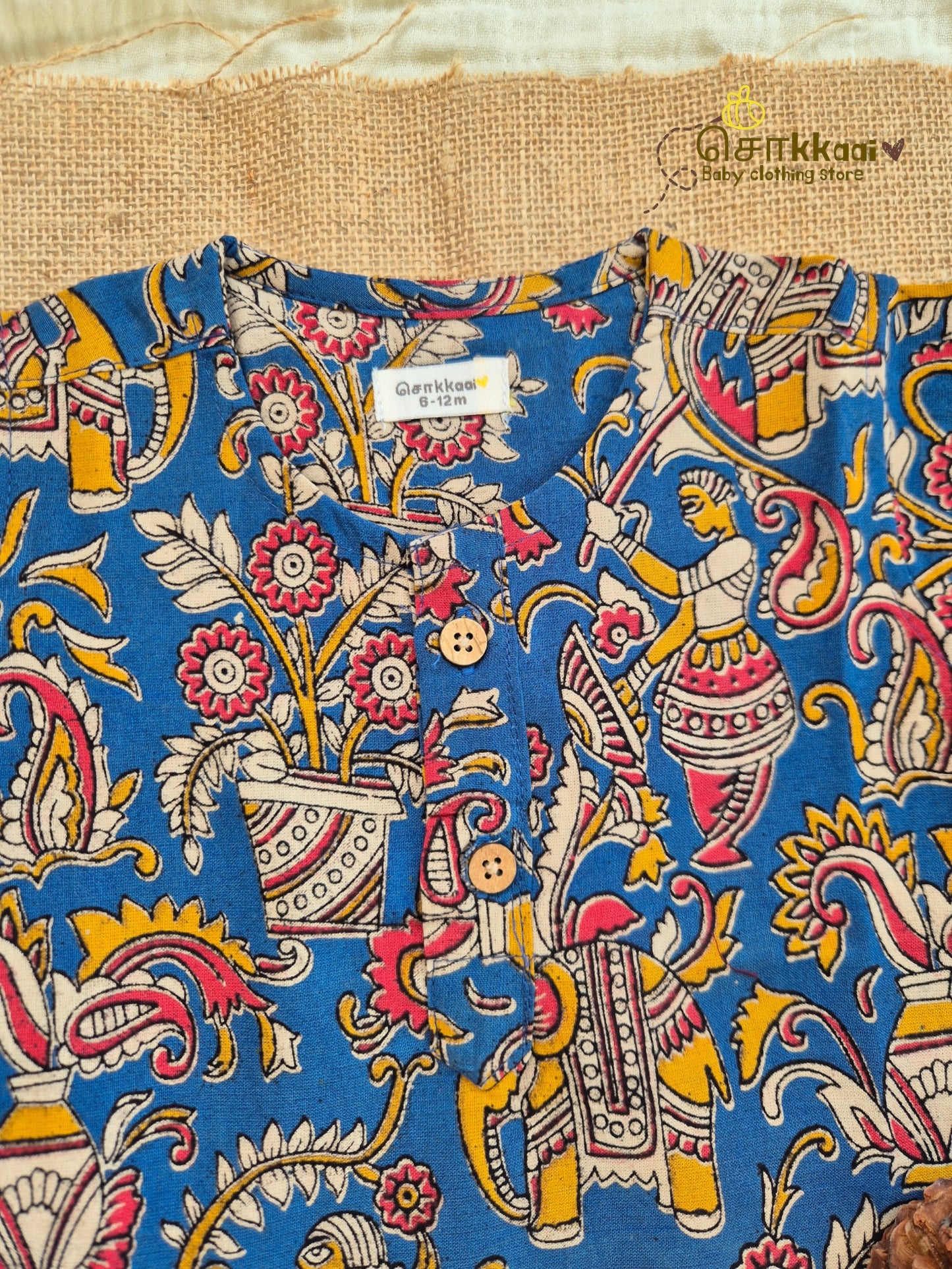 Folk Blue Kalamkari Short Sleeve Kurta/ Jippa (0-6years) - Sokkaai