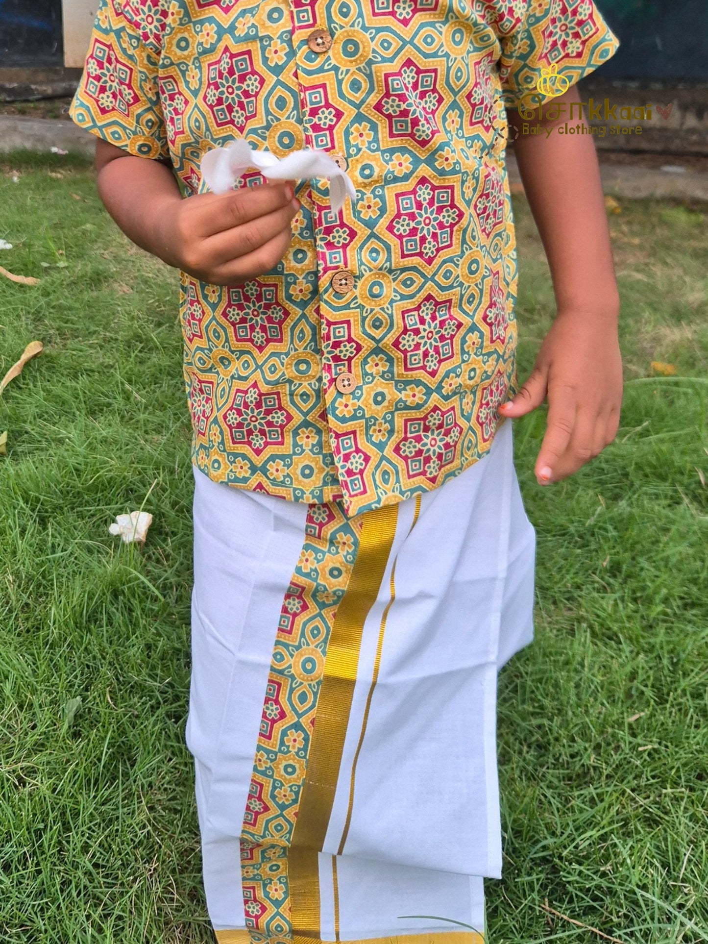 Lime & Green Heritage Geometric Mandarin Shirt with Veshti (6m-5yrs) - Sokkaai