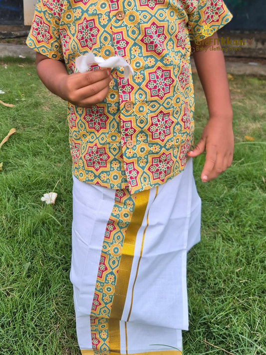 Lime & Green Heritage Geometric Mandarin Shirt with Veshti (6m-5yrs) - Sokkaai