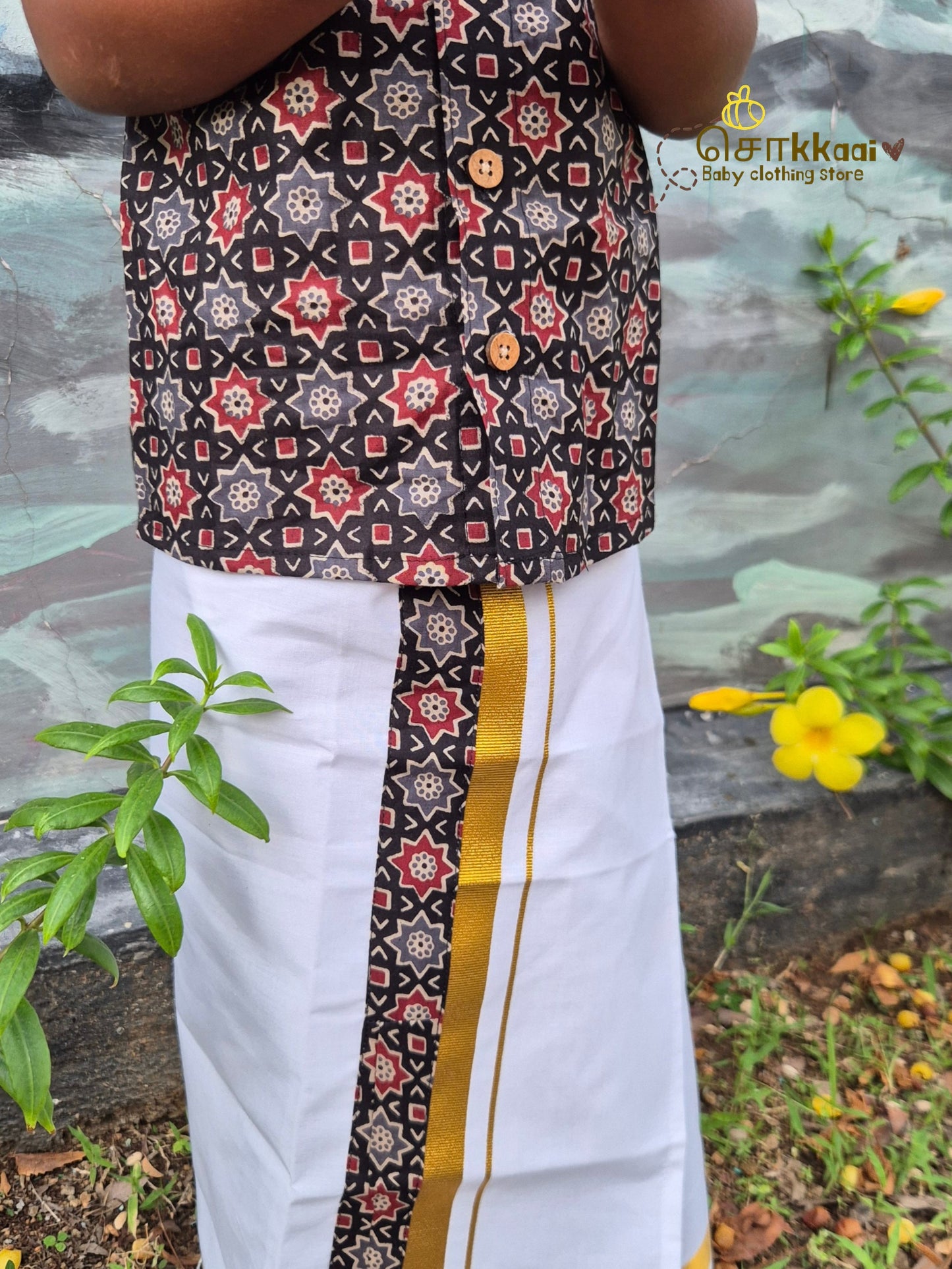 Black Heritage Geometric Mandarin Shirt with Veshti (6m-5yrs) - Sokkaai