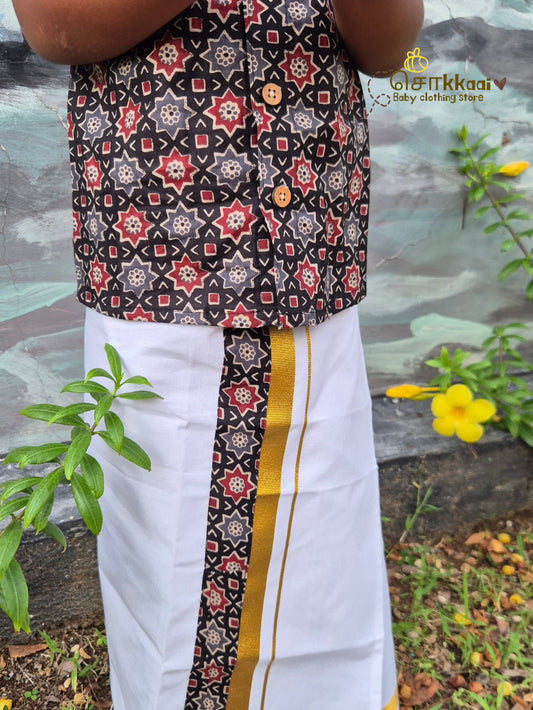 Black Heritage Geometric Mandarin Shirt with Veshti (6m-5yrs) - Sokkaai