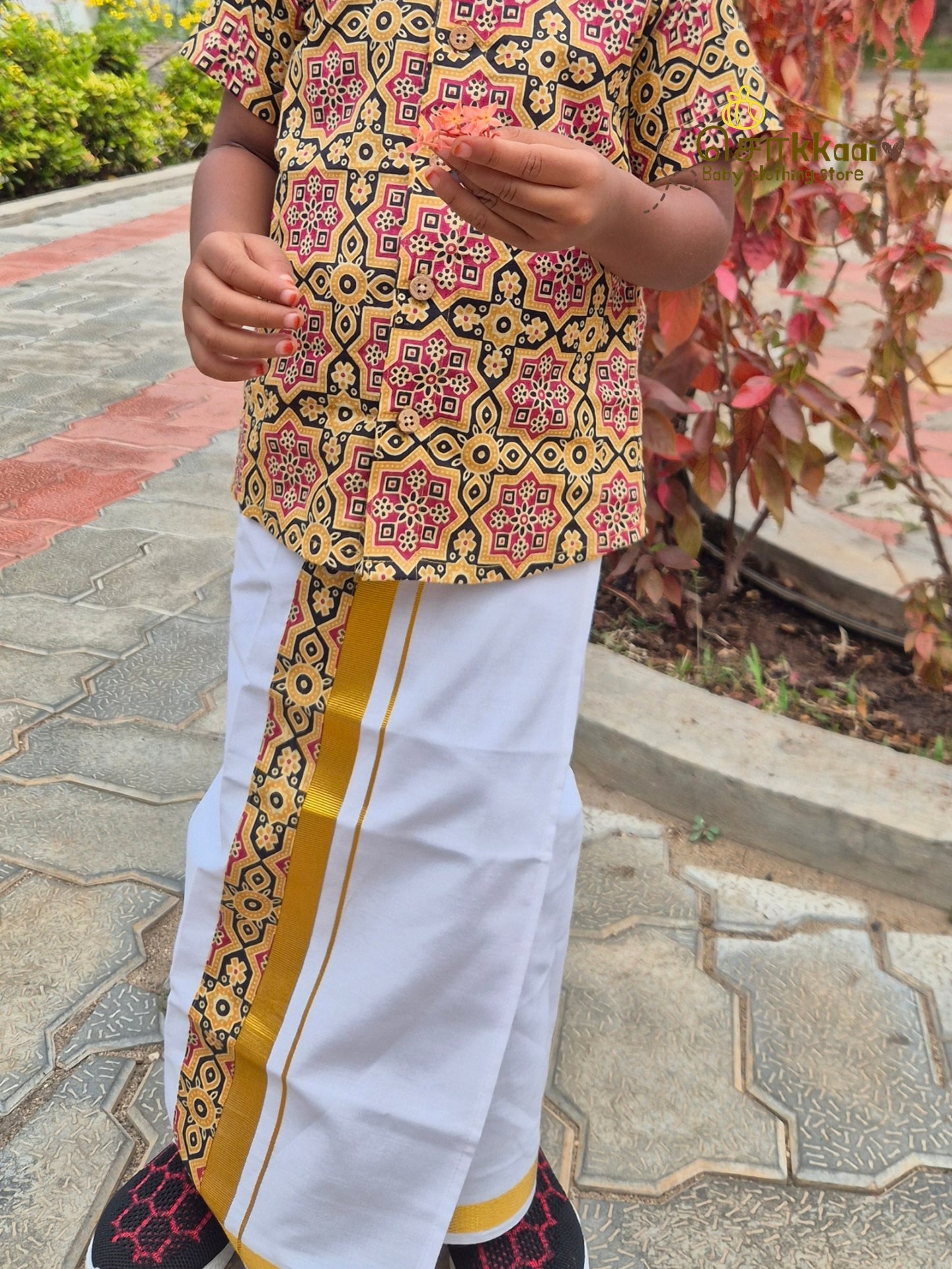 Yellow & Black Heritage Geometric Mandarin Shirt with Veshti (6m-5yrs) - Sokkaai