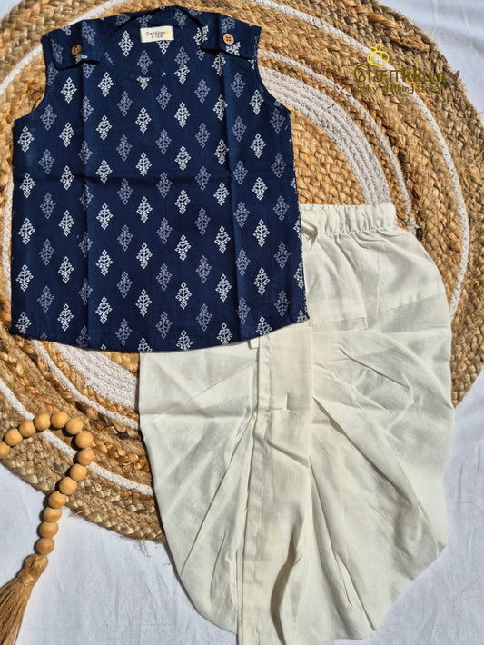 Navy Blue Butta Cotton Kids Dhoti Set (NB-4yrs) - Sokkaai