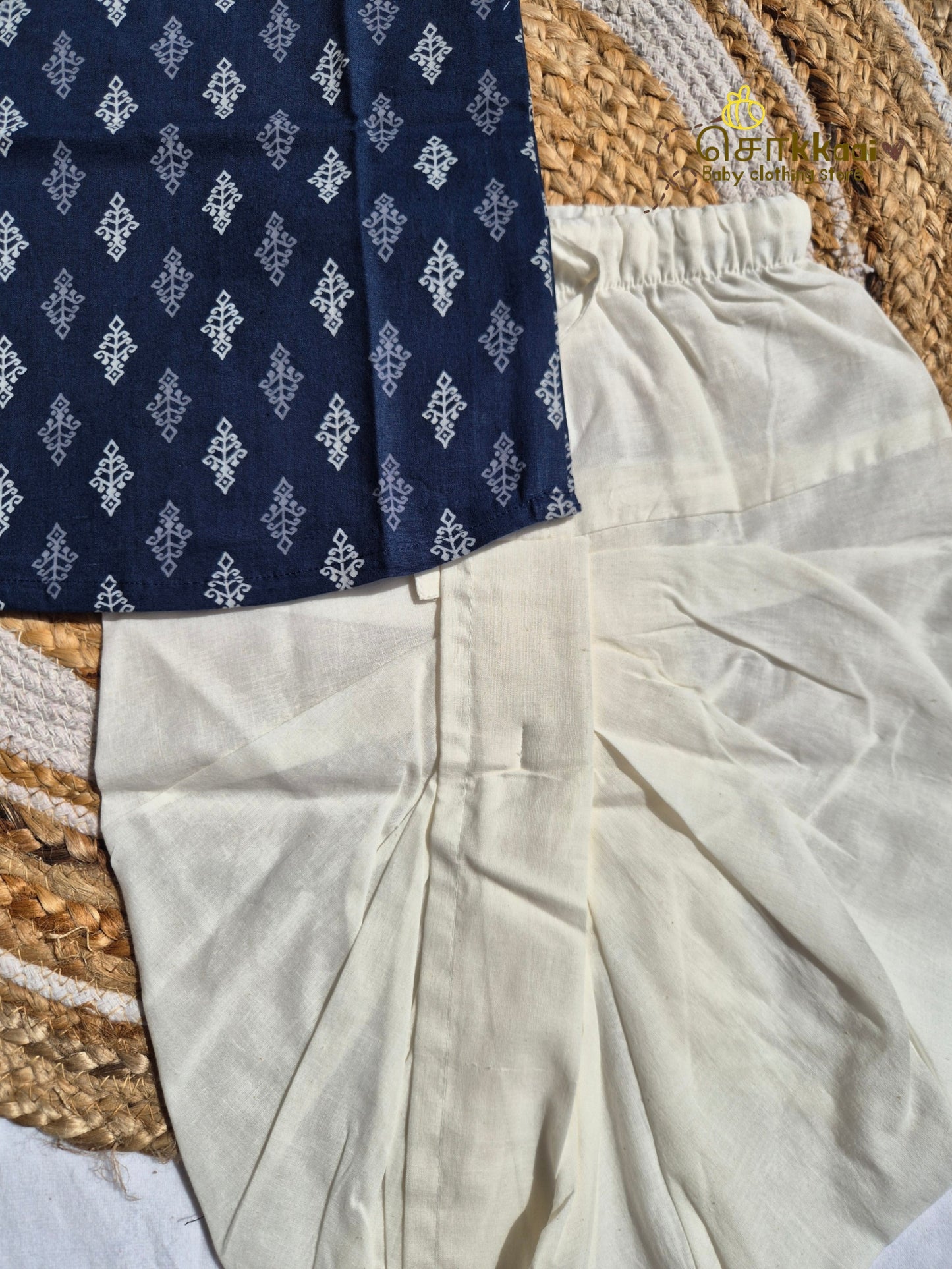 Navy Blue Butta Cotton Kids Dhoti Set (NB-4yrs) - Sokkaai