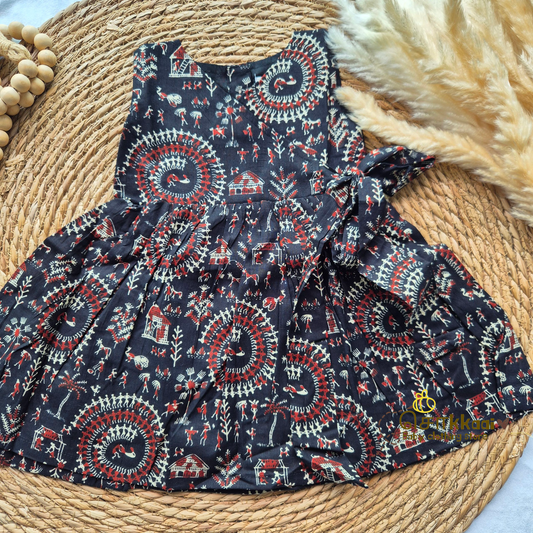 Black warli Overlap Flared Girl Frock (0-3years) - Sokkaai