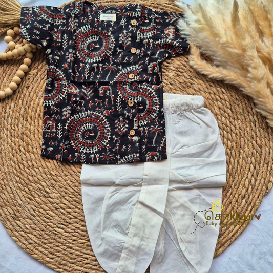 Black warli Cotton Kids dhoti set (0-5yrs) - Sokkaai