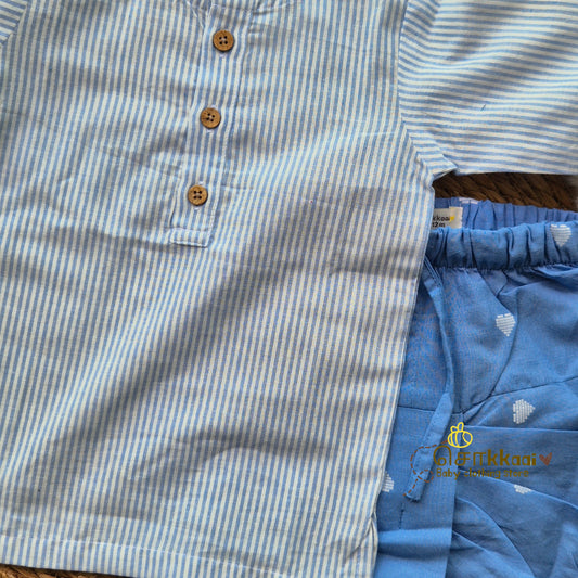Denim blue stripes & heart cotton kurta & Dhoti set(0-5yrs) - Sokkaai