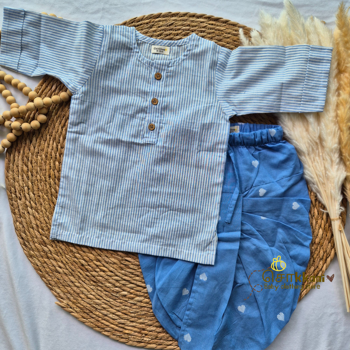 Denim blue stripes & heart cotton kurta & Dhoti set(0-5yrs) - Sokkaai