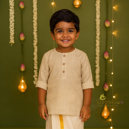 Beige handloom mid length kurta with veshti set (6m-6yrs) - Sokkaai
