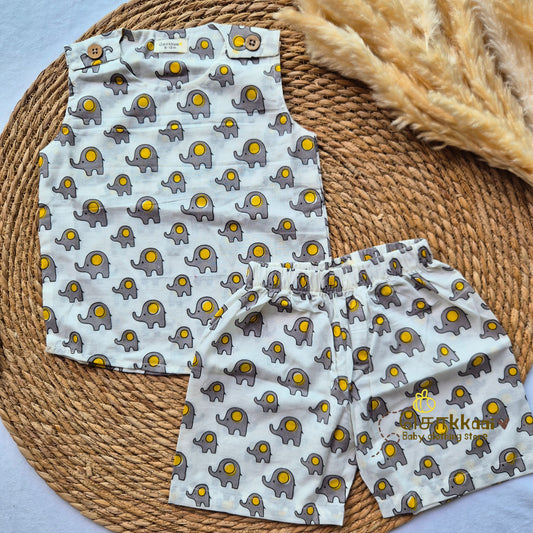 Grey & yellow dot elephant Cotton Unisex Coord Set (0-3years) - Sokkaai
