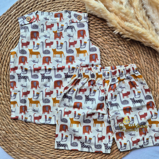 Mixed animal earthy tone Cotton Unisex Coord Set (0-3years) - Sokkaai