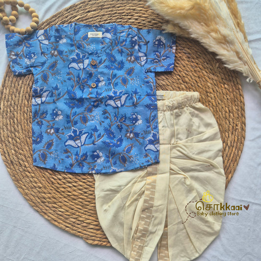 Denim blue floral block Cotton Kids dhoti set (6m-5yrs) - Sokkaai