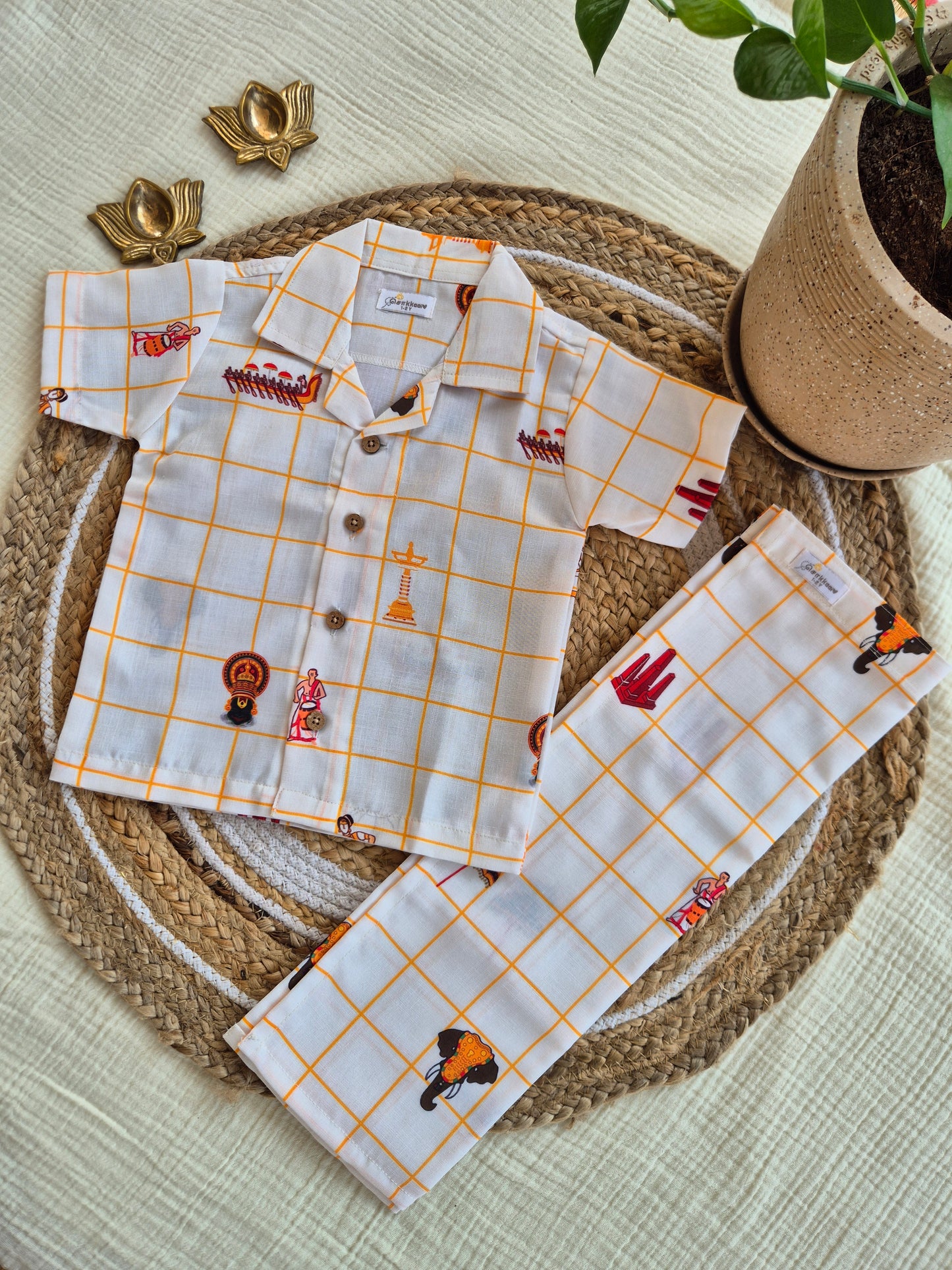 Onam Checks Cotton Linen Blend Shirt & Veshti set (6m-6yrs) - Sokkaai