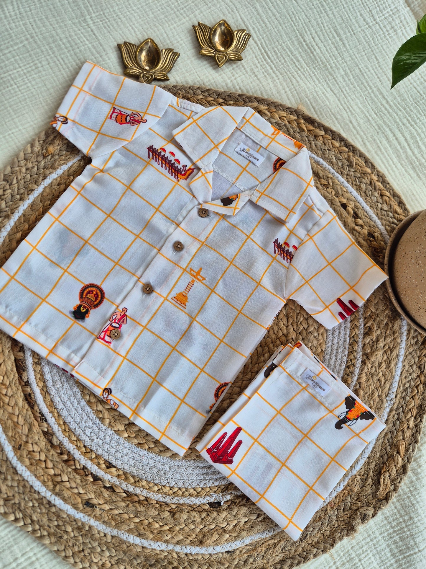 Onam Checks Cotton Linen Blend Shirt & Veshti set (6m-6yrs) - Sokkaai