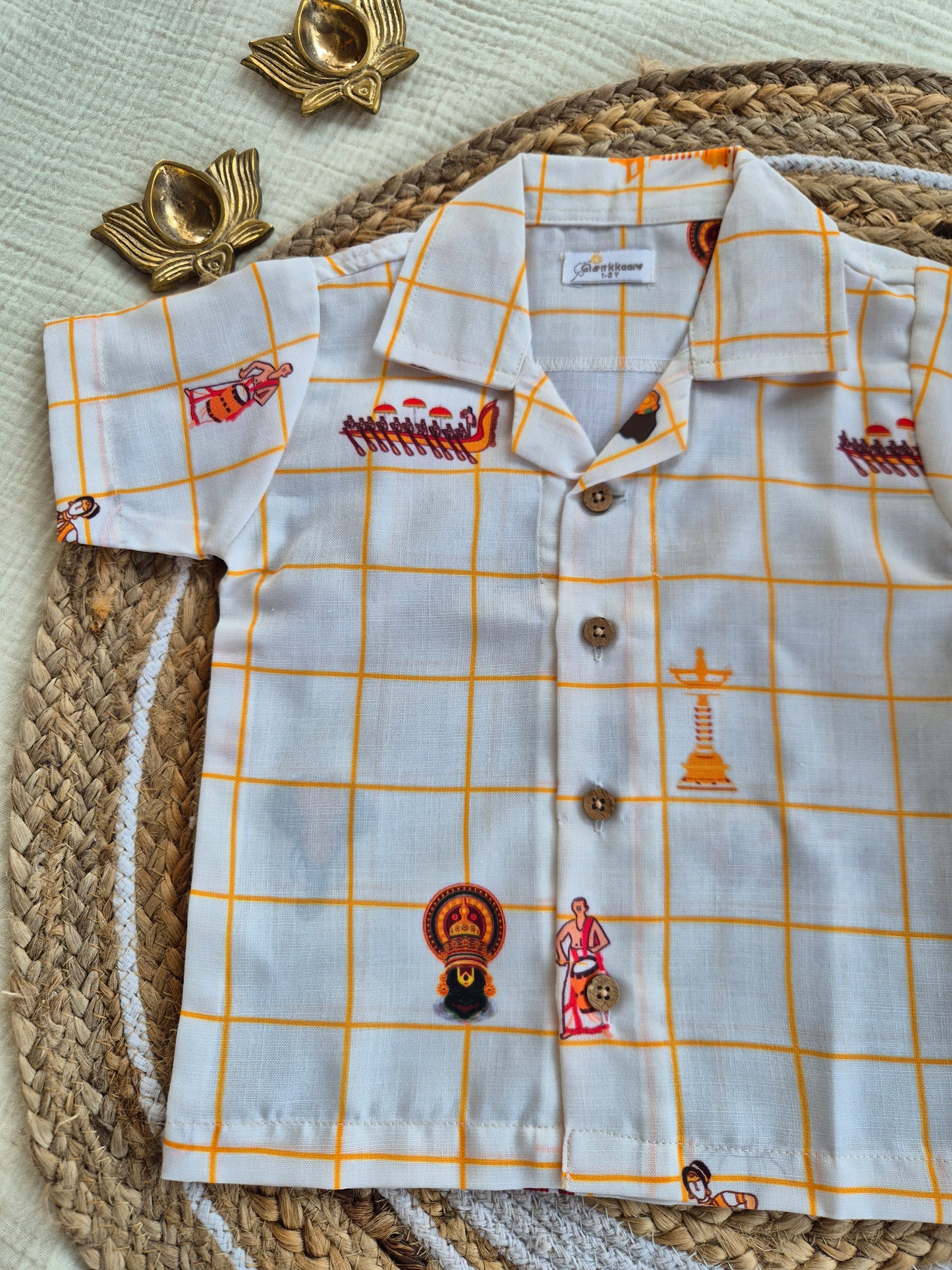 Onam Checks Cotton Linen Blend Shirt & Veshti set (6m-6yrs) - Sokkaai