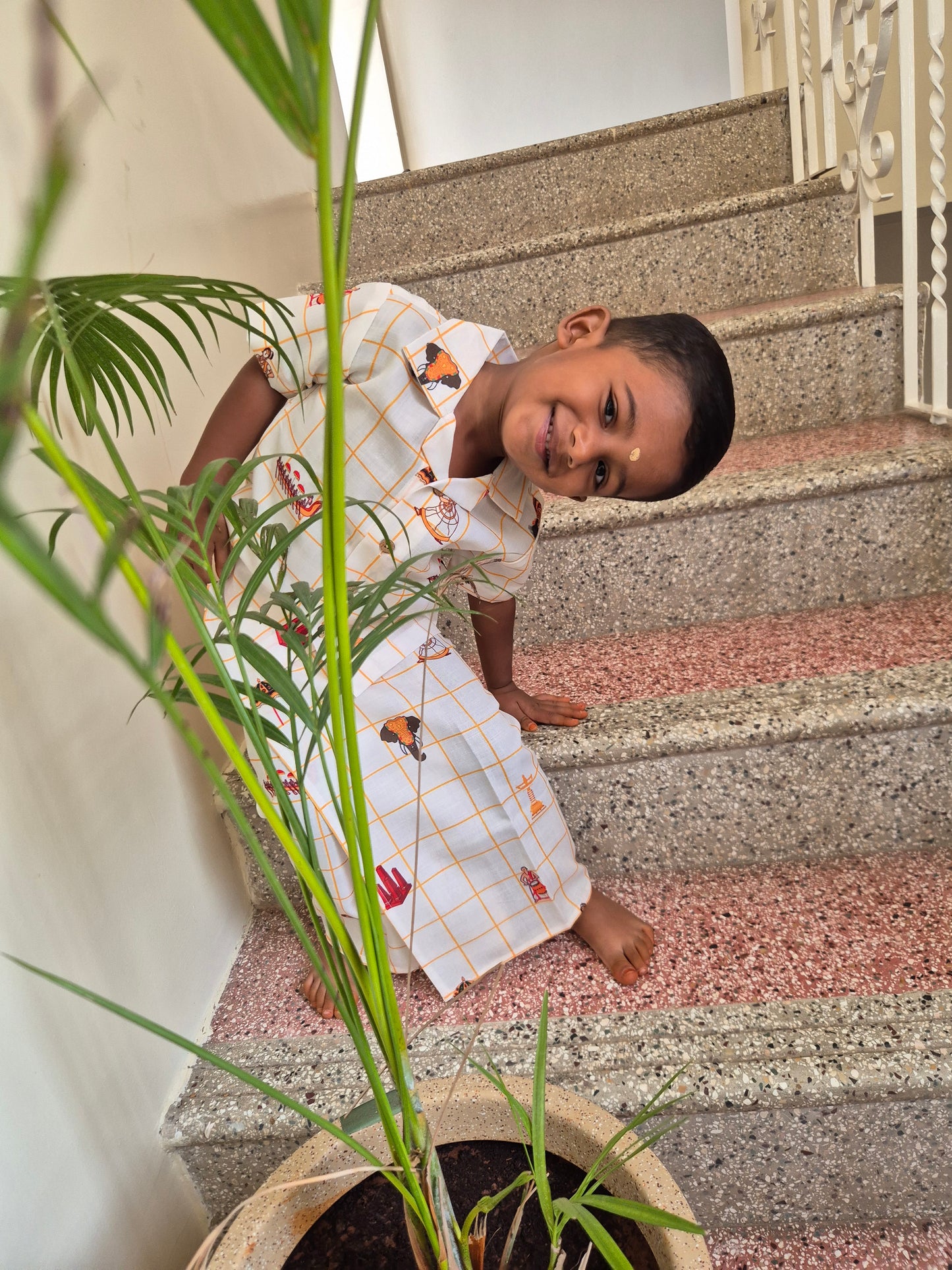 Onam Checks Cotton Linen Blend Shirt & Veshti set (6m-6yrs) - Sokkaai