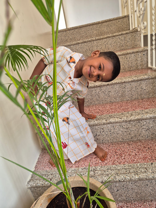 Onam Checks Cotton Linen Blend Shirt & Veshti set (6m-6yrs) - Sokkaai