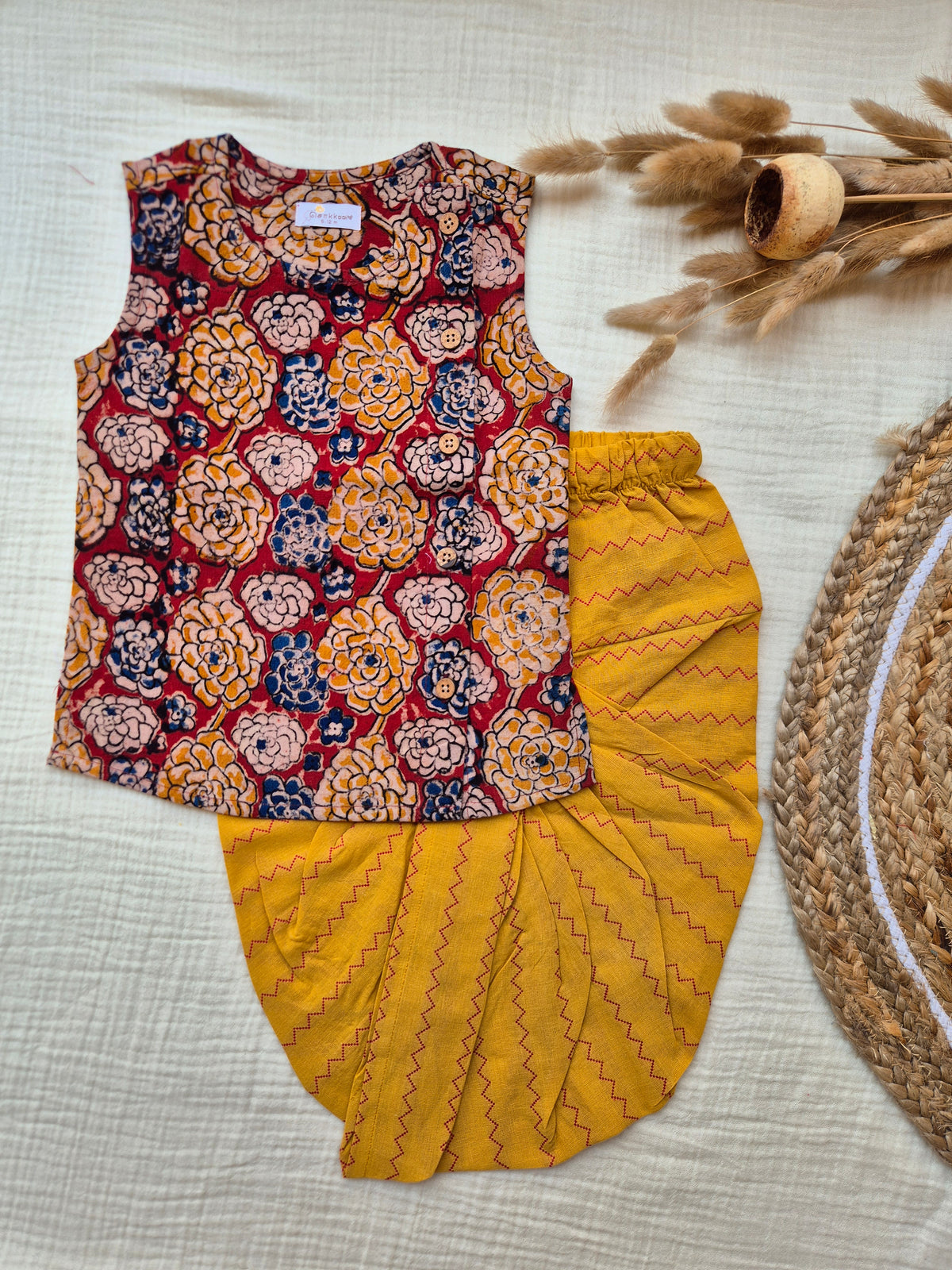 Autumn Bloom Kalamkari Cotton Kids Dhoti Set (NB-4yrs) - Sokkaai