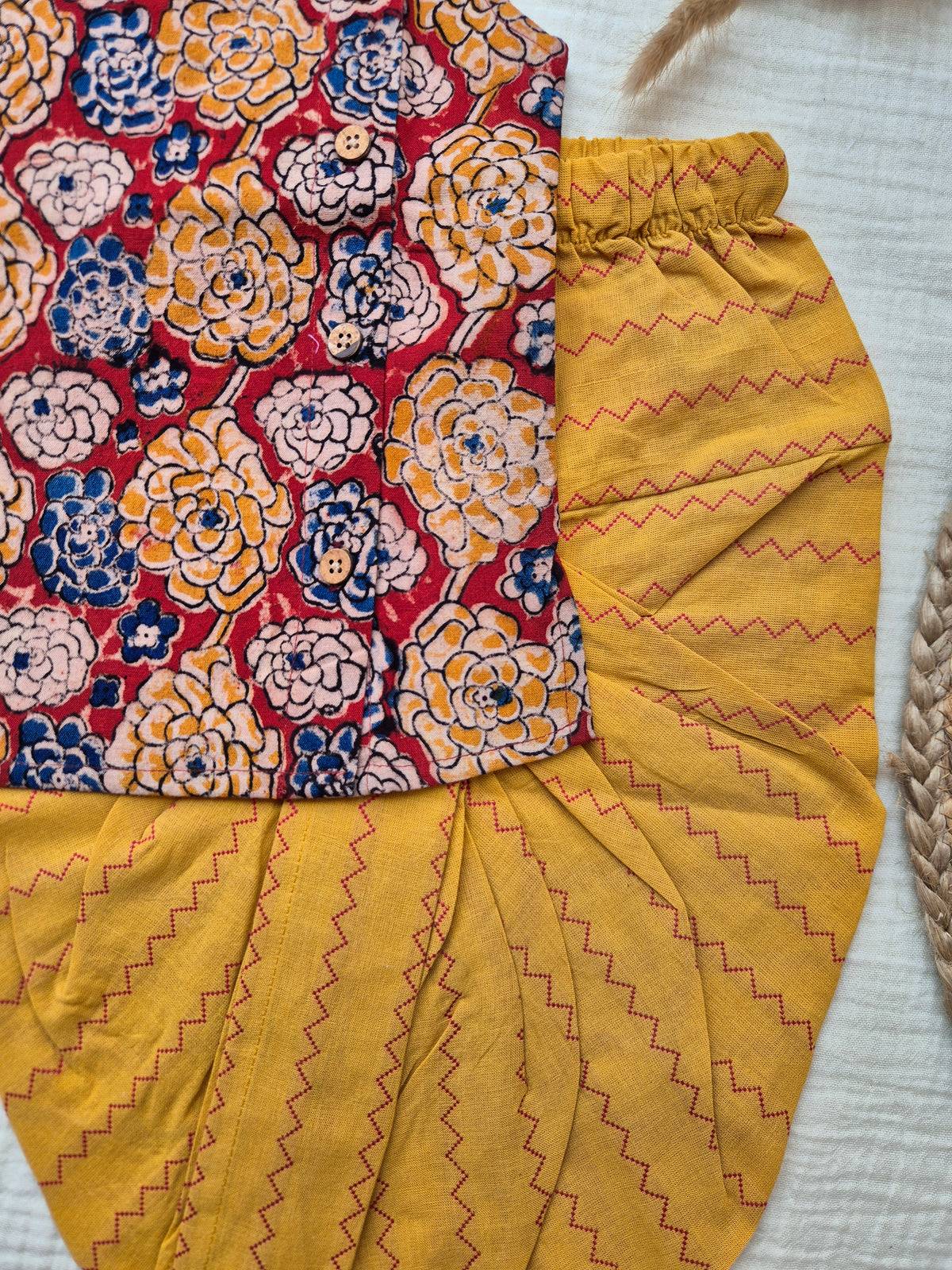 Autumn Bloom Kalamkari Cotton Kids Dhoti Set (NB-4yrs) - Sokkaai