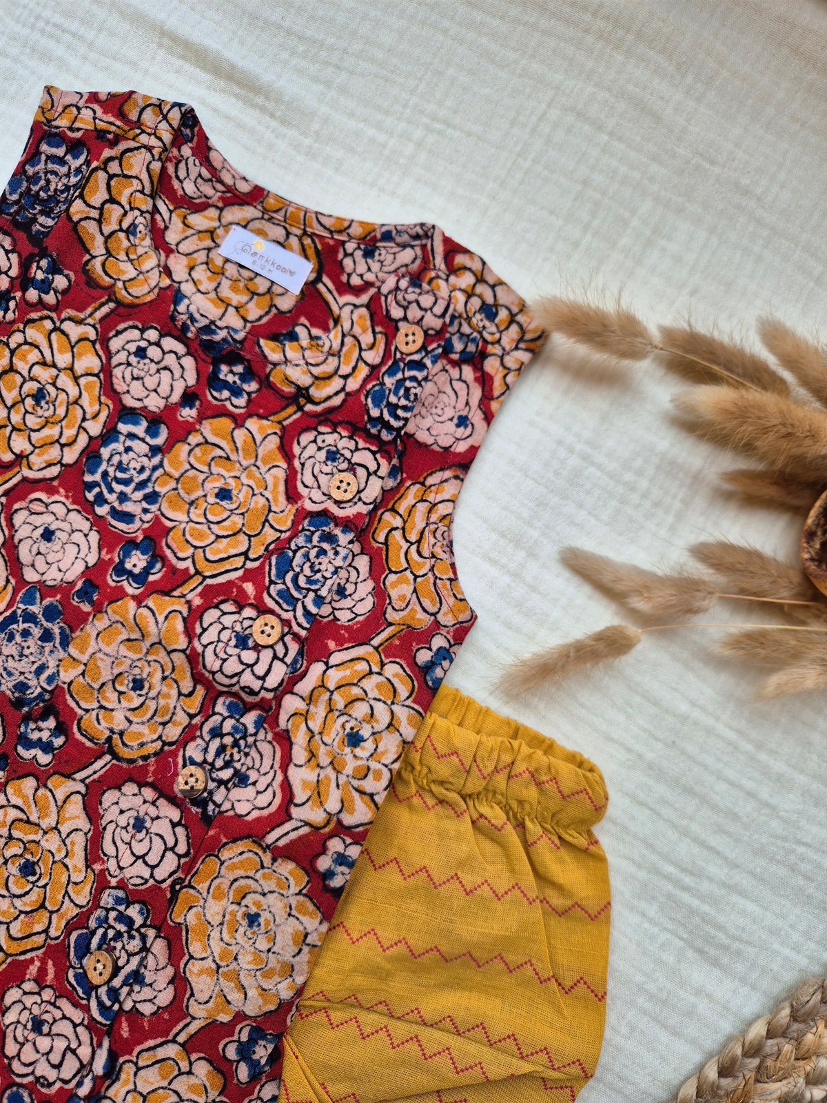 Autumn Bloom Kalamkari Cotton Kids Dhoti Set (NB-4yrs) - Sokkaai