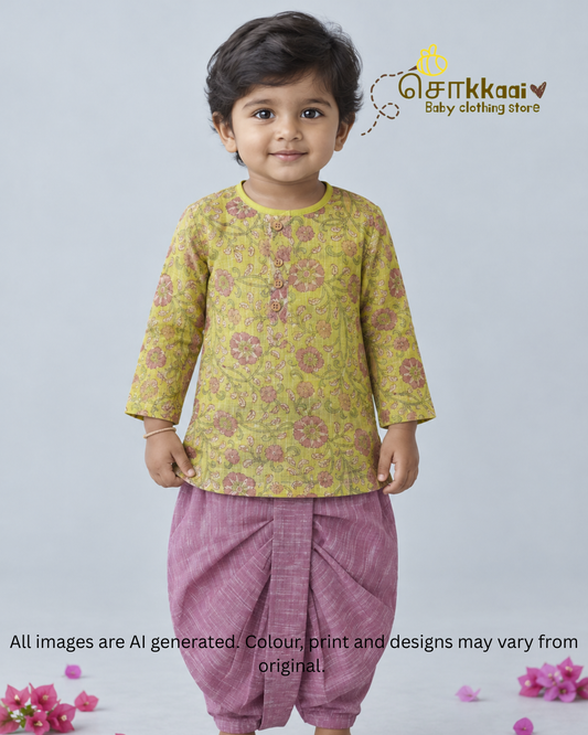Lime Garden Floral Kota Cotton & Handloom Dhoti Set (1-5yrs) - Sokkaai