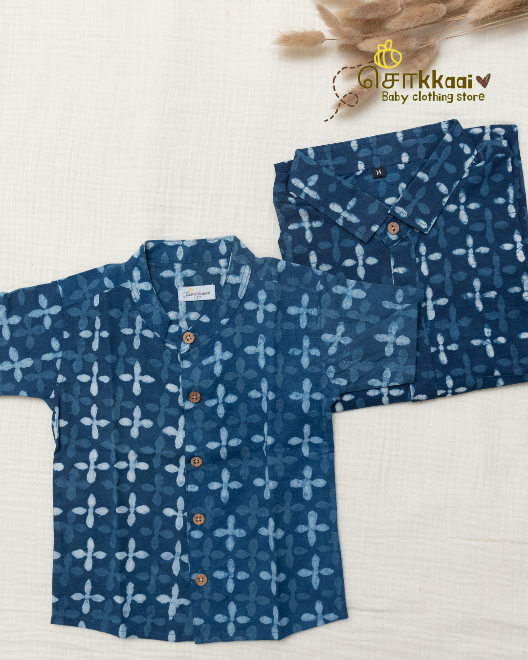 Indigo Petals Mandarin Collar Kids Shirt (0-6yrs) - Son