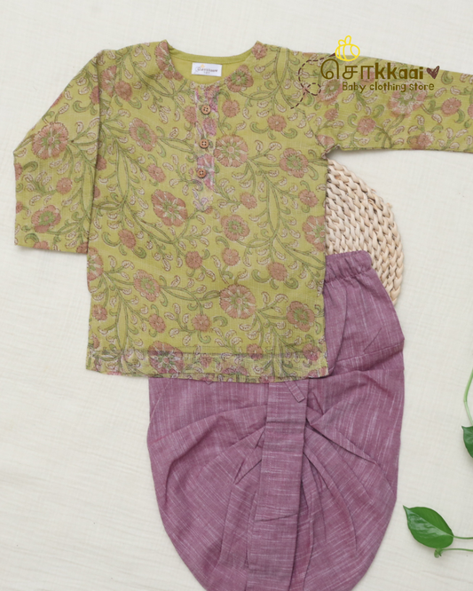 Lime Garden Floral Kota Cotton & Handloom Dhoti Set (1-5yrs) - Sokkaai