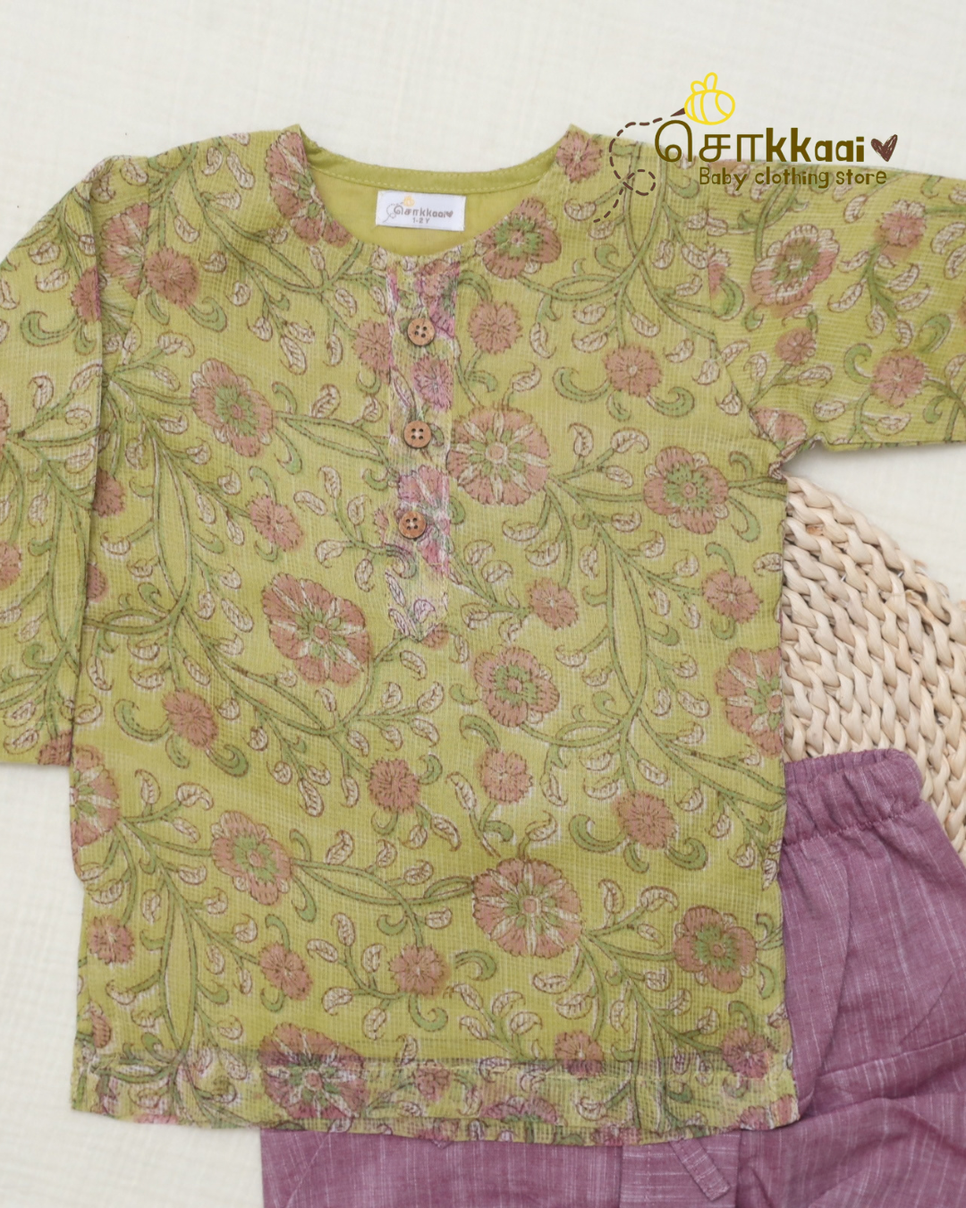 Lime Garden Floral Kota Cotton & Handloom Dhoti Set (1-5yrs) - Sokkaai