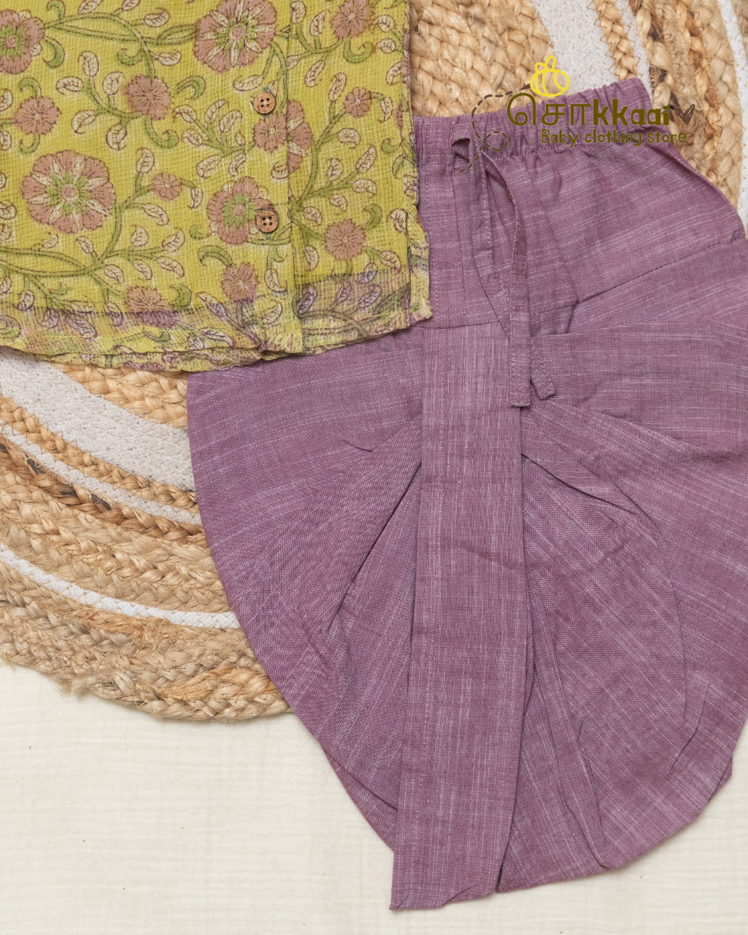 Lime Garden Floral Kota Cotton Side Button Dhoti Set (0-12m) - Sokkaai