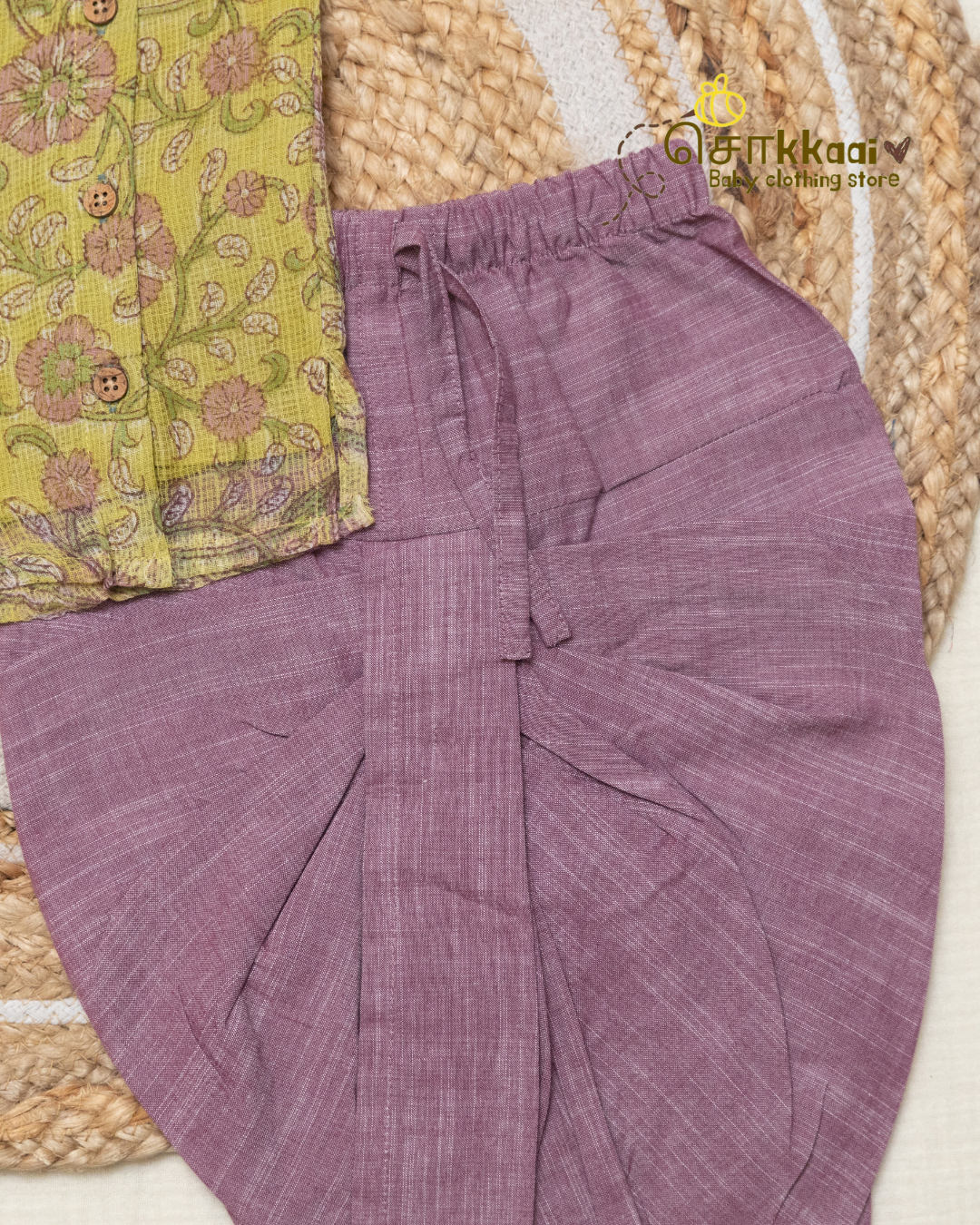 Lime Garden Floral Kota Cotton Side Button Dhoti Set (0-12m) - Sokkaai