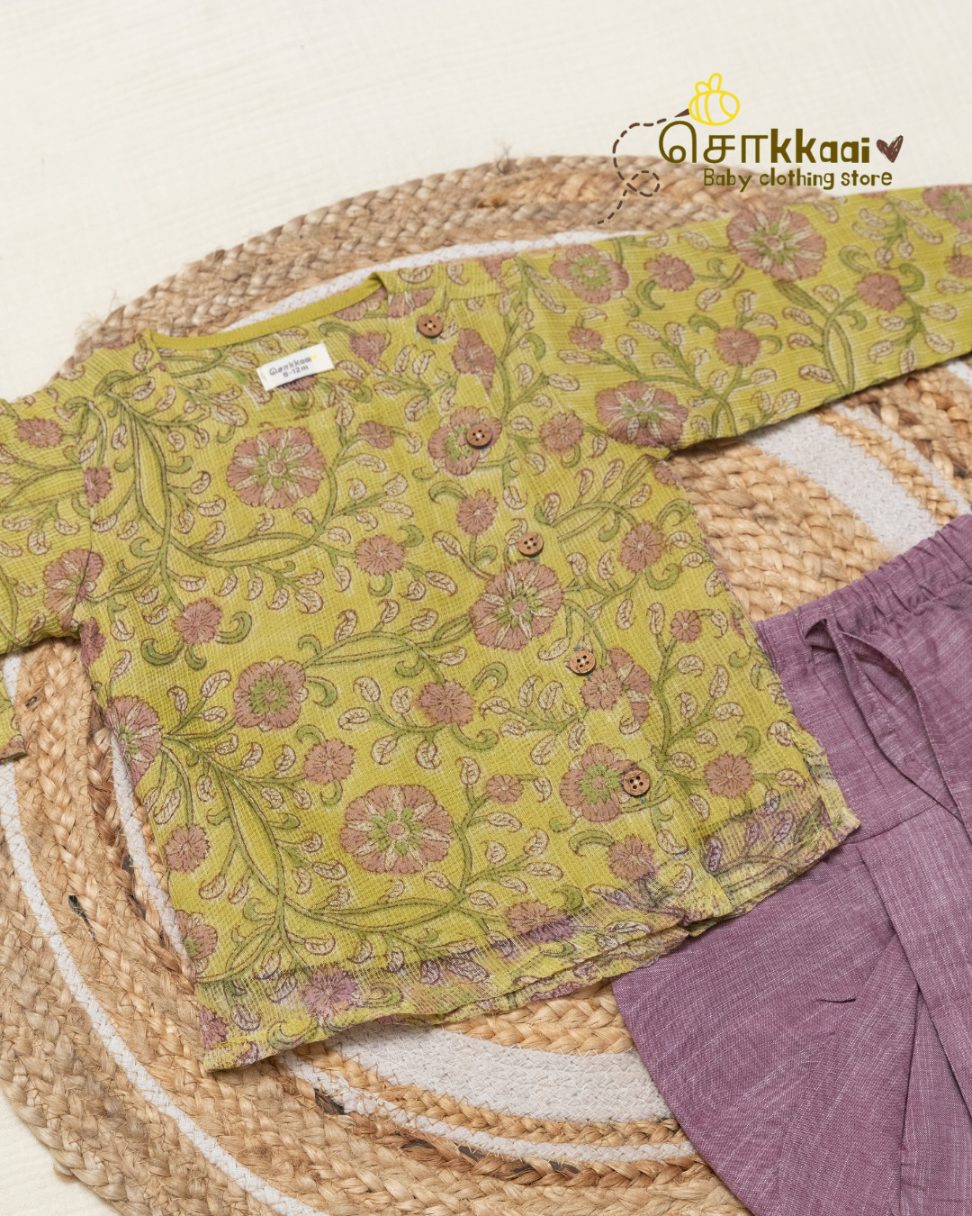 Lime Garden Floral Kota Cotton Side Button Dhoti Set (0-12m) - Sokkaai