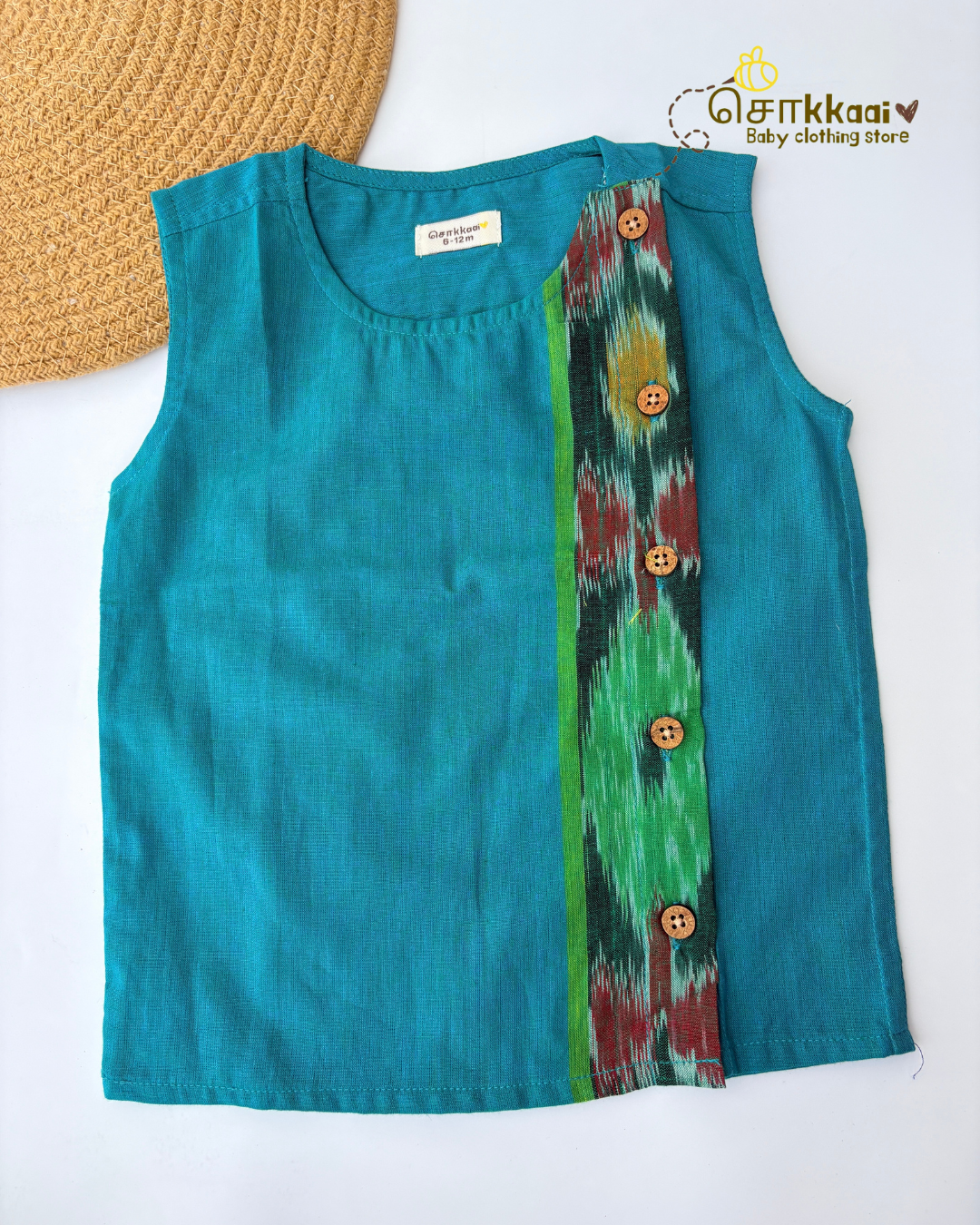 Turquoise Ikkat Weave Cotton Side Button Jablas (NB-5years) - Sokkaai