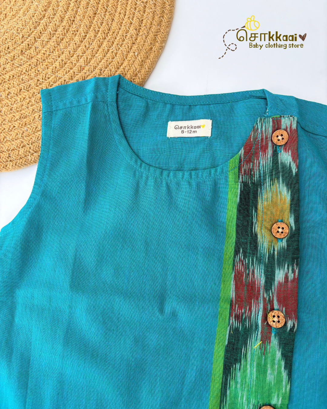 Turquoise Ikkat Weave Cotton Side Button Jablas (NB-5years) - Sokkaai