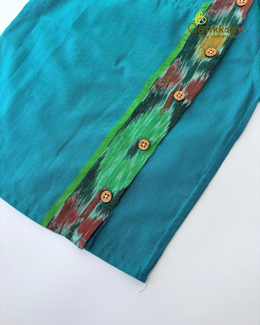 Turquoise Ikkat Weave Cotton Side Button Jablas (NB-5years) - Sokkaai