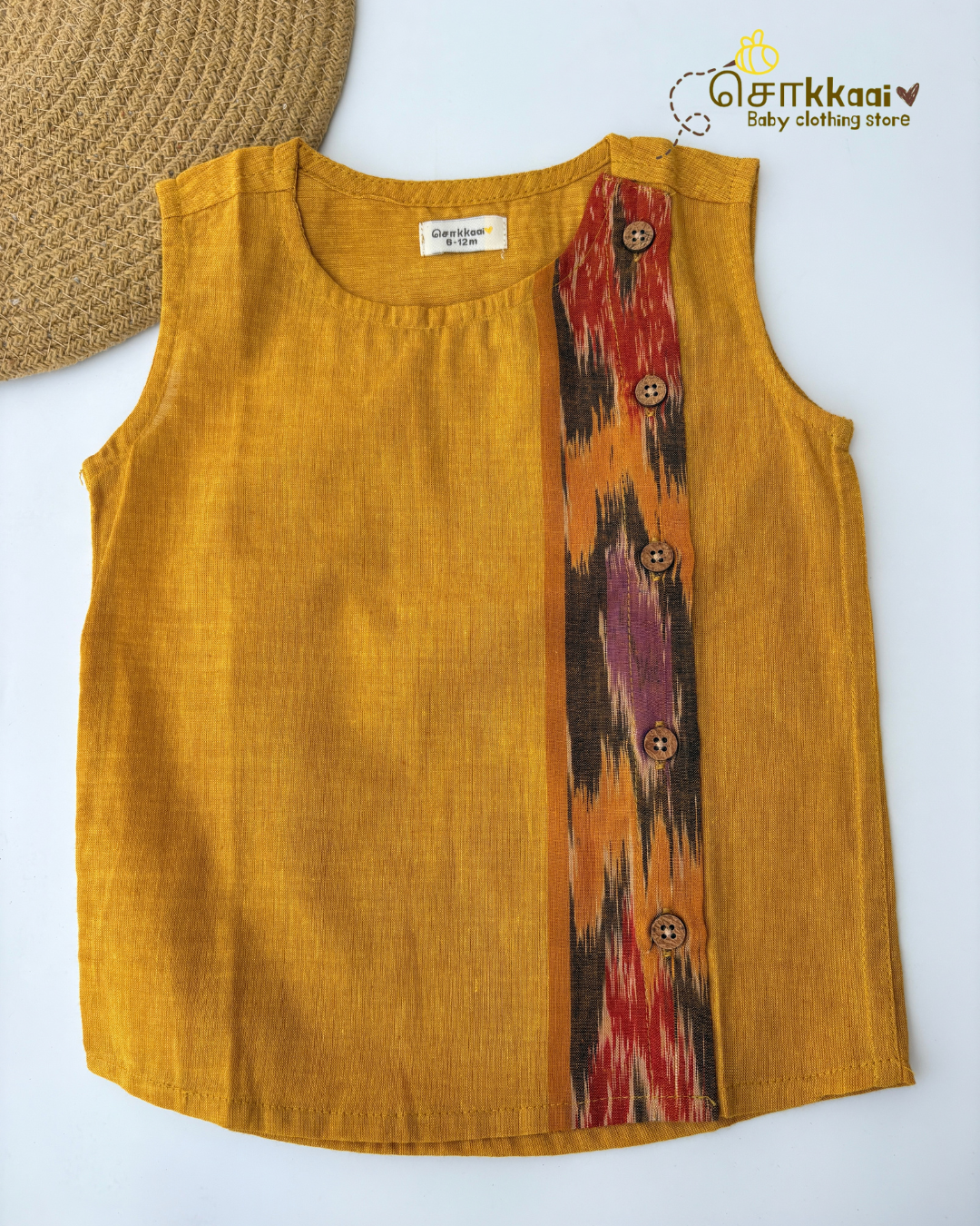 Mustard Ikkat Weave Cotton Side Button Jablas (NB-5years) - Sokkaai