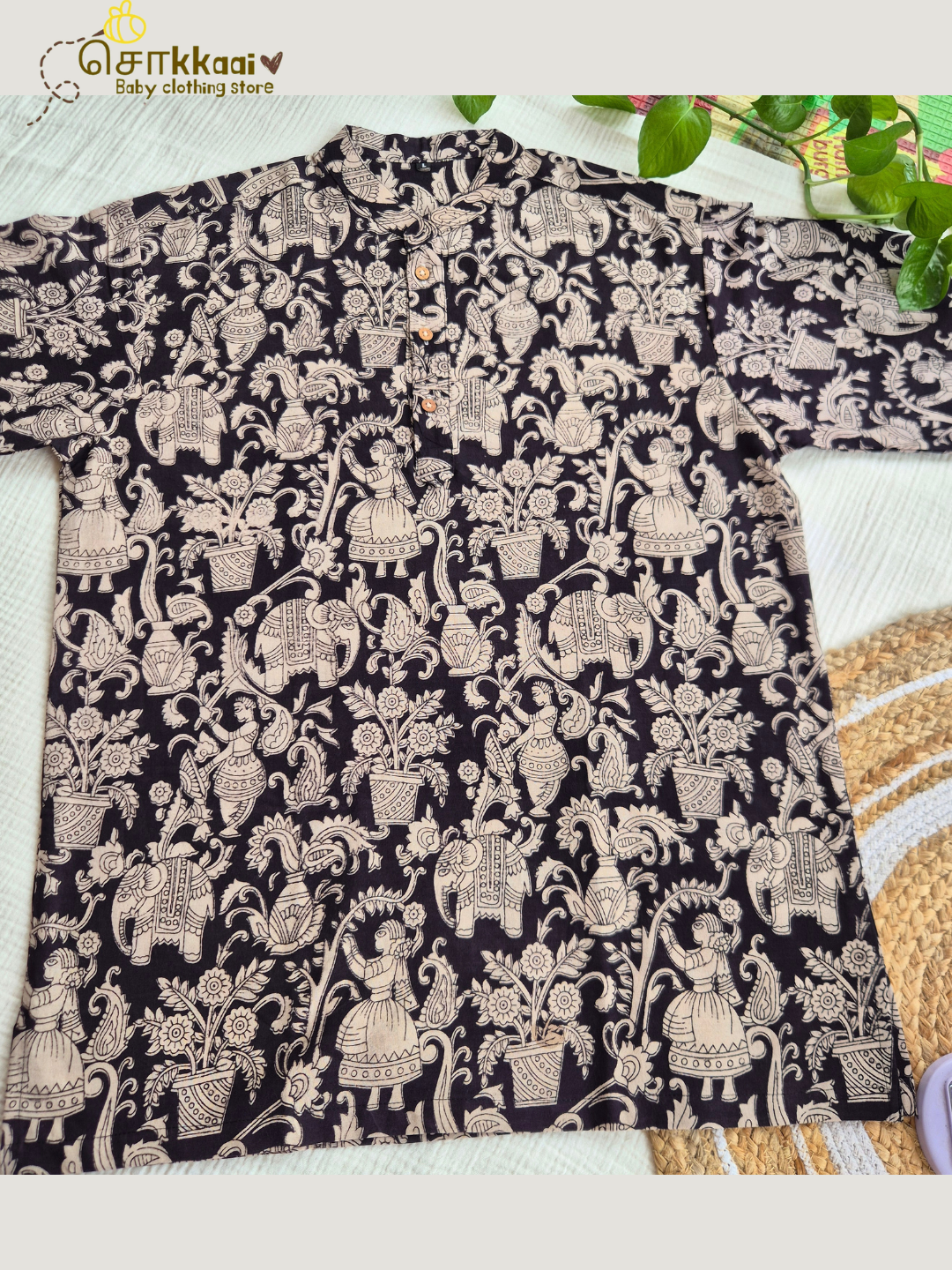 Black Bloom Kalamkari Mandarin Kurta (L-3XL) - Dad