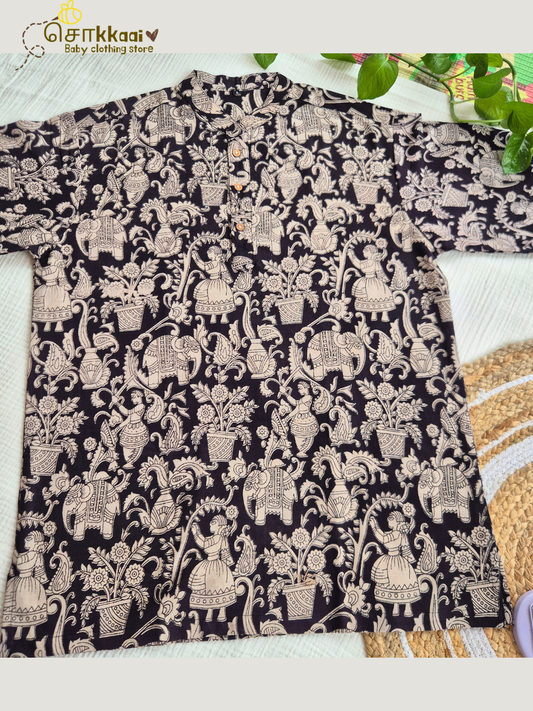 Black Bloom Kalamkari Mandarin Kurta (L-3XL) - Dad