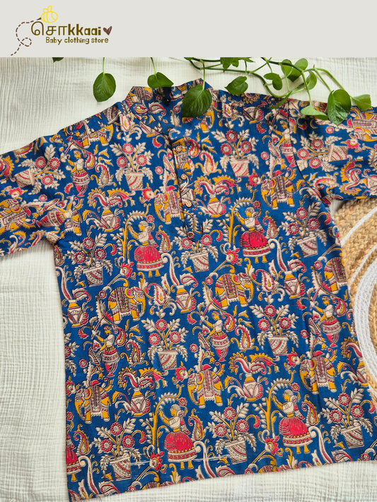 Folk Blue Kalamkari Mandarin Kurta (L-3XL) - Dad
