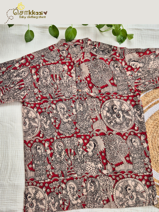 Red Heritage Kalamkari Mandarin Kurta (L-3XL) - Dad