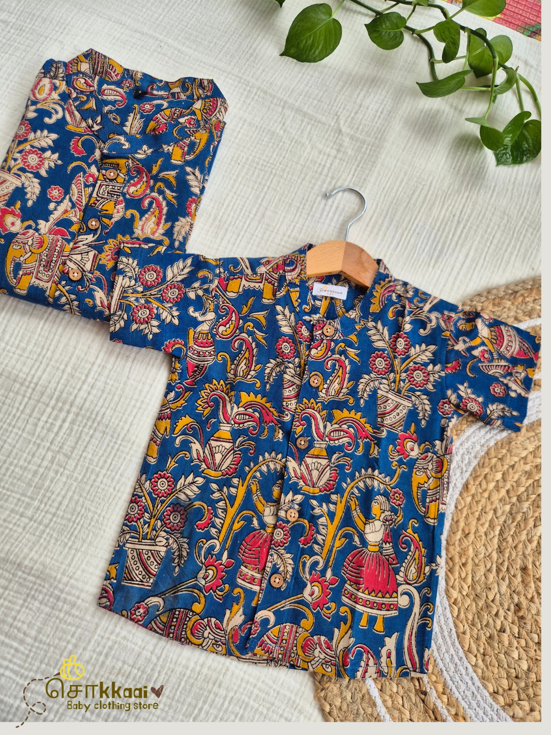Folk Blue Kalamkari Mandarin Kurta (L-3XL) - Dad