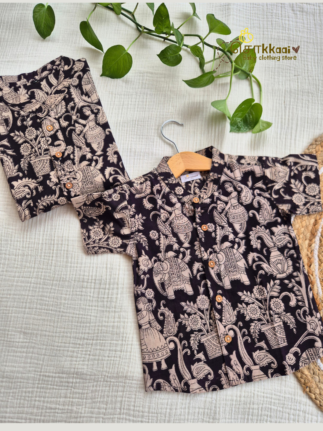 Black Bloom Kalamkari Mandarin Kurta (L-3XL) - Dad