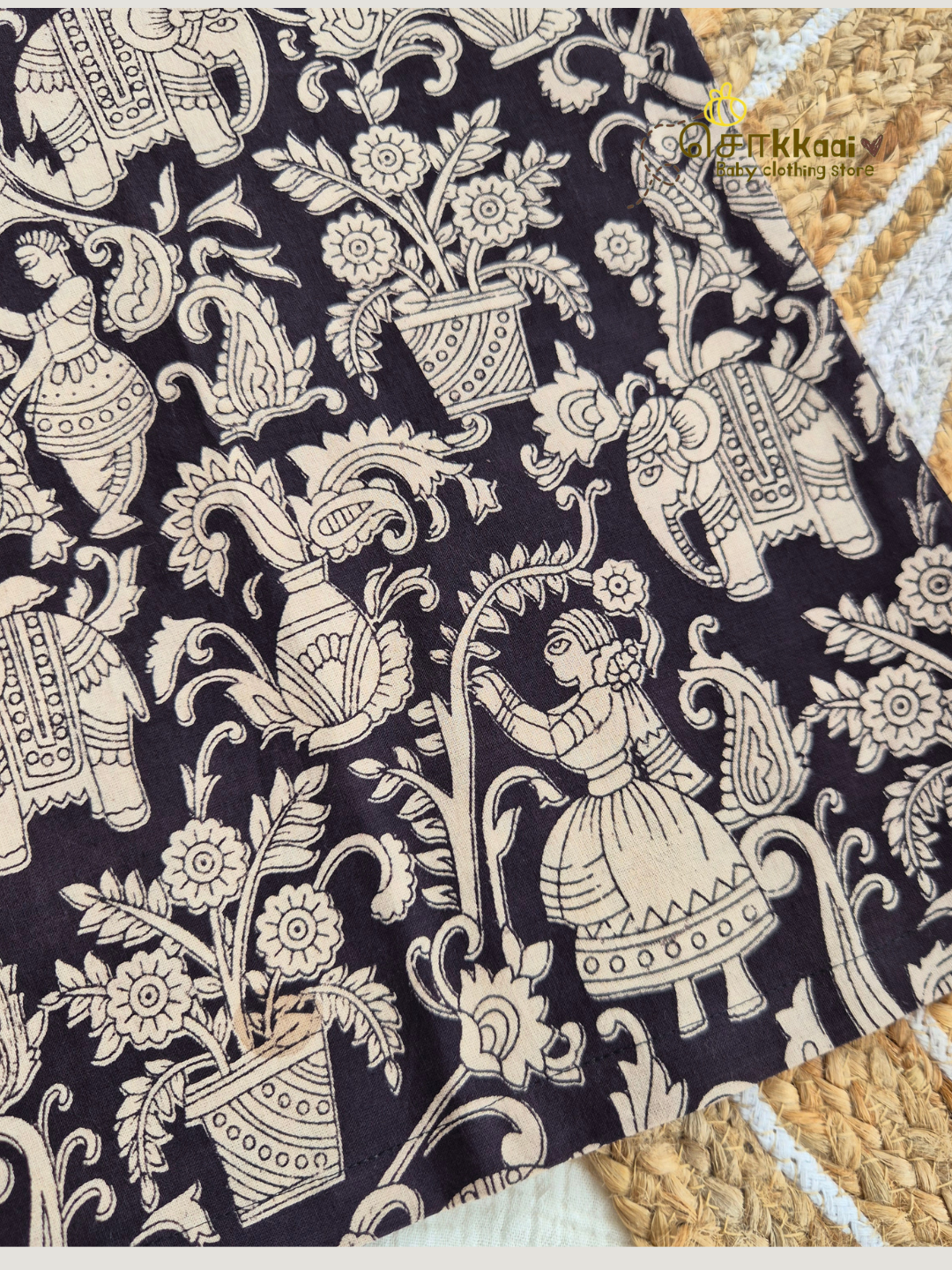 Black Bloom Kalamkari Mandarin Kurta (L-3XL) - Dad