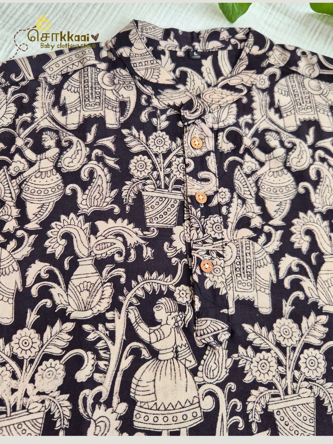 Black Bloom Kalamkari Mandarin Kurta (L-3XL) - Dad